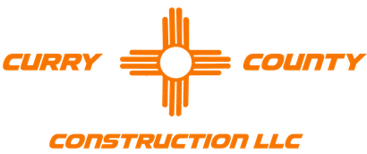 The logo for curry county construction llc is orange and white.