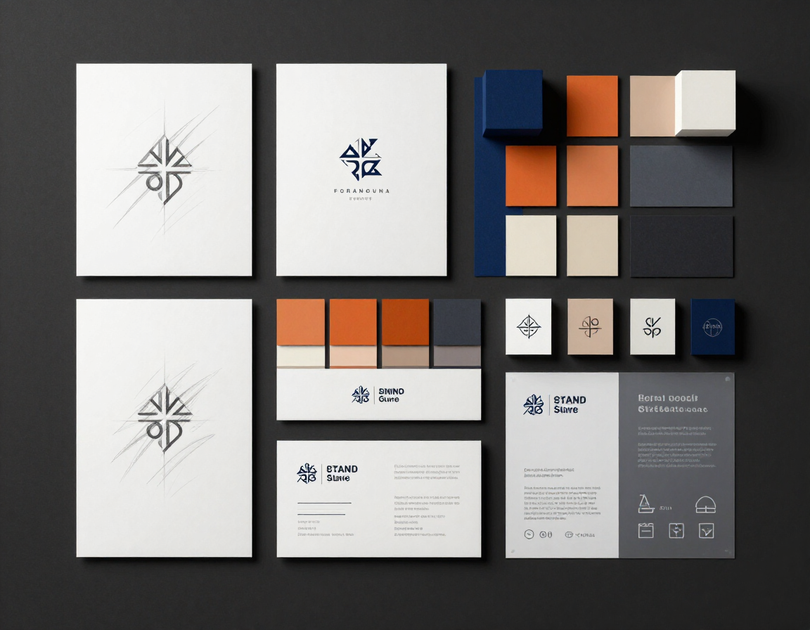 Brand identity design flat lay with logo sketches and color swatches