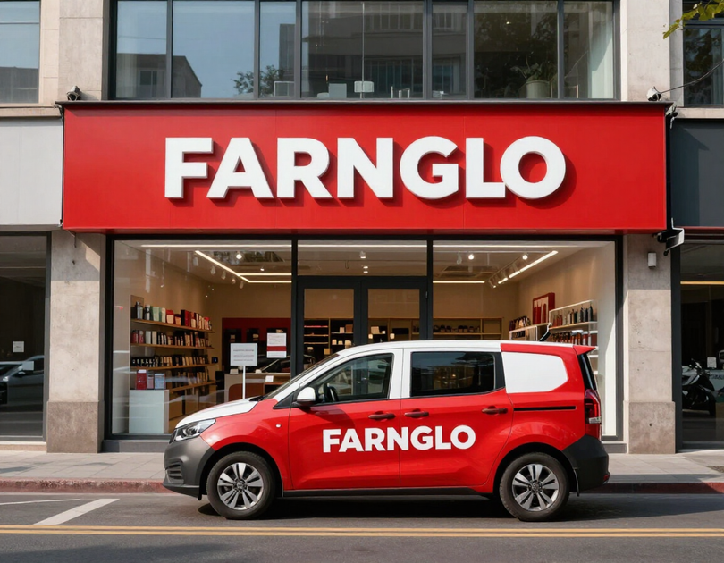 Storefront with bold signage and vehicle wrap in a commercial street environment