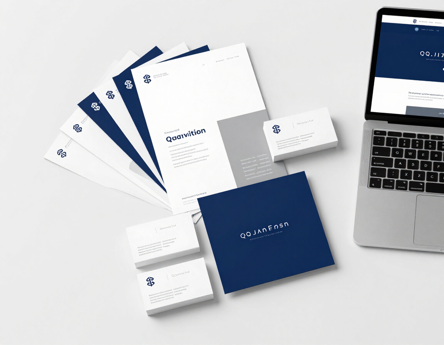 Polished marketing collateral including brochures, business cards, and a website mockup