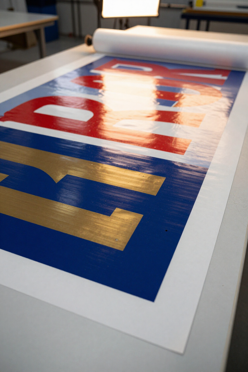 Large-format vinyl sign being unrolled on a production table