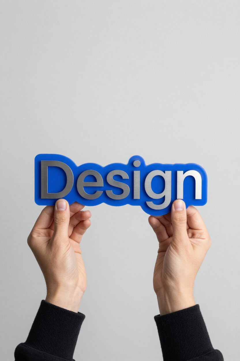 Designer holding a finished acrylic cut sign in a studio