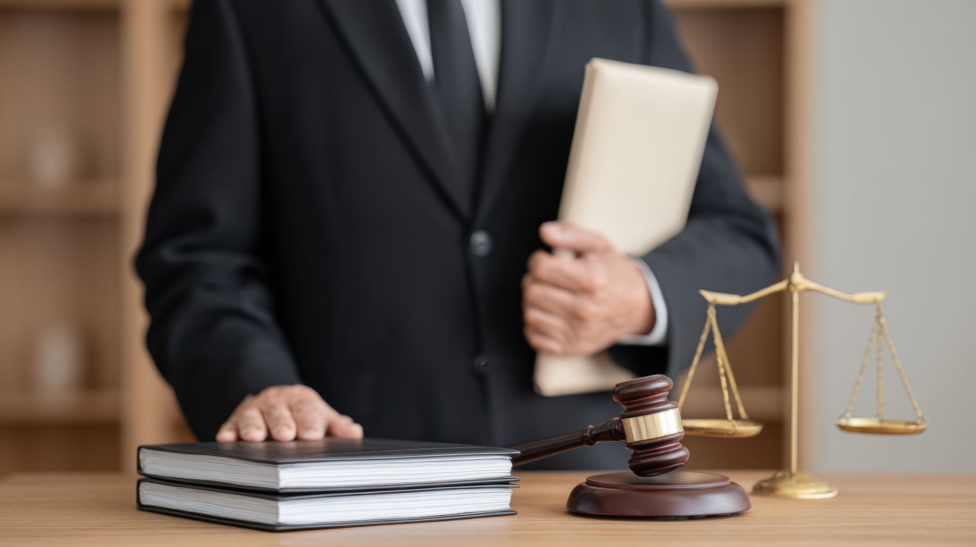 Lawyer in suit holding files, with gavel, law books, and scales of justice on desk.