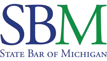 The logo for the state bar of michigan is blue and green.