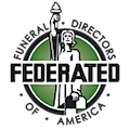 Logo of Federated Funeral Directors of America, featuring a stylized figure holding a torch, with green and black text.