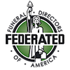 Logo of Federated Funeral Directors of America, featuring a stylized figure holding a torch, with green and black text.