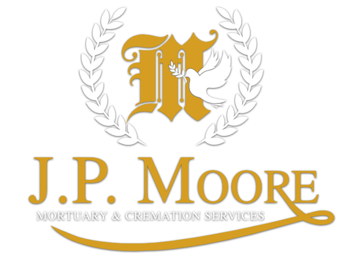 Logo of J.P. Moore Mortuary & Cremation Services with gold letters, wreath, dove, and a flowing gold line.