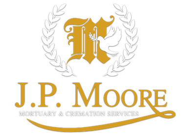Logo for J.P. Moore Mortuary & Cremation Services in gold with a white wreath around the letter 
