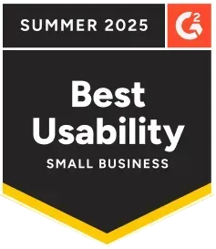 G2 Best Usability Award for Small Business, Summer 2025. Black, white, and orange graphic with a pennant shape.