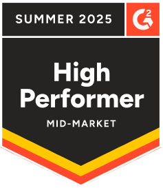 G2 High Performer badge, Summer 2025. Black, white, red, and yellow colors.