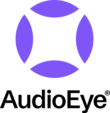 Logo for AudioEye. Purple circle with four oval shapes. Black text: AudioEye®.