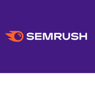 Semrush logo: white text on purple background, orange comet icon.
