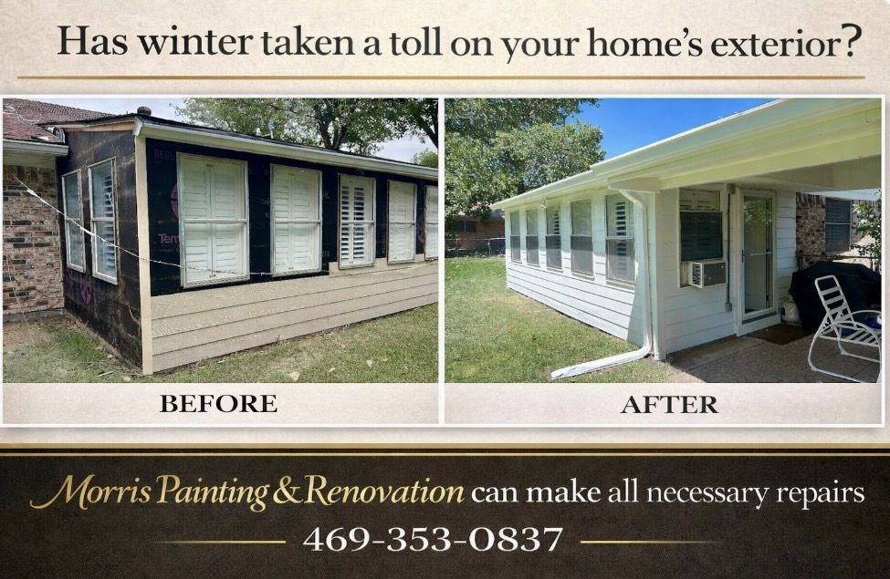 Before-and-after of a home exterior renovation. The 