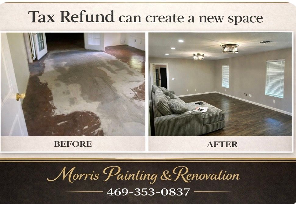 Before and after renovation: room with damaged floor, then refinished with new lighting.  Morris Painting & Renovation, phone: 469-353-0837.
