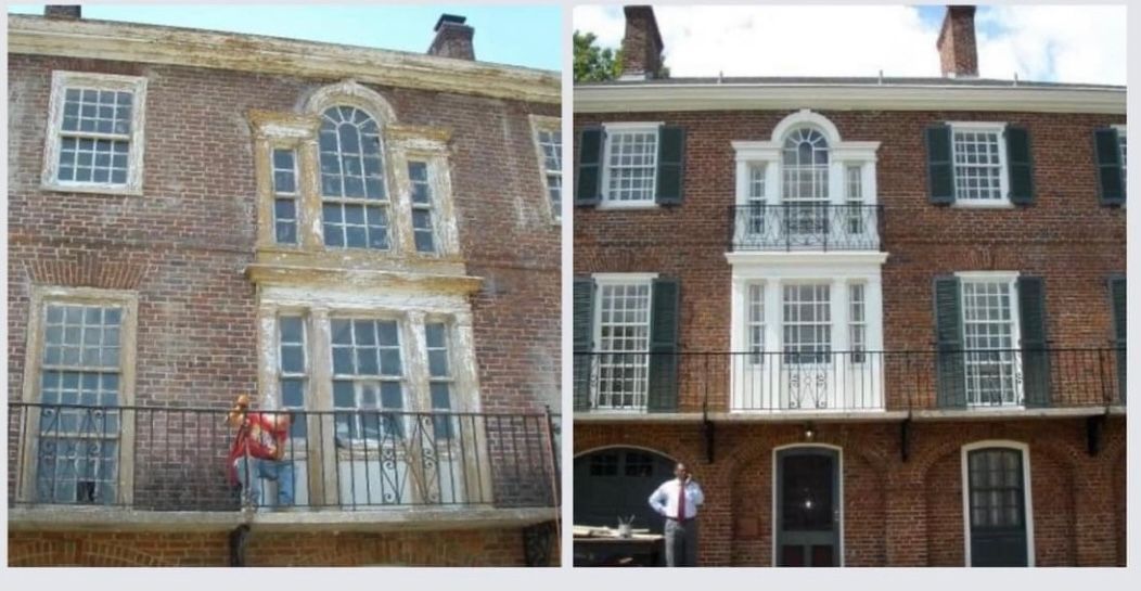 A before and after photo of a brick building