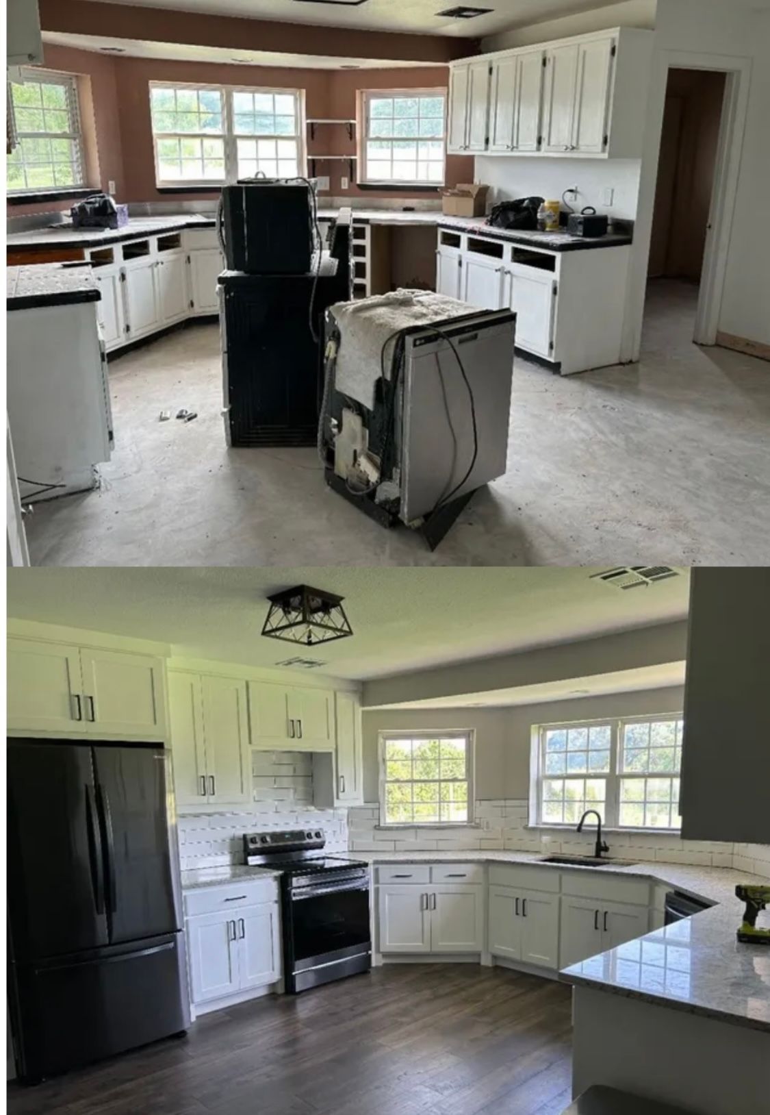 A Before and After Picture of A Kitchen Being Remodeled.