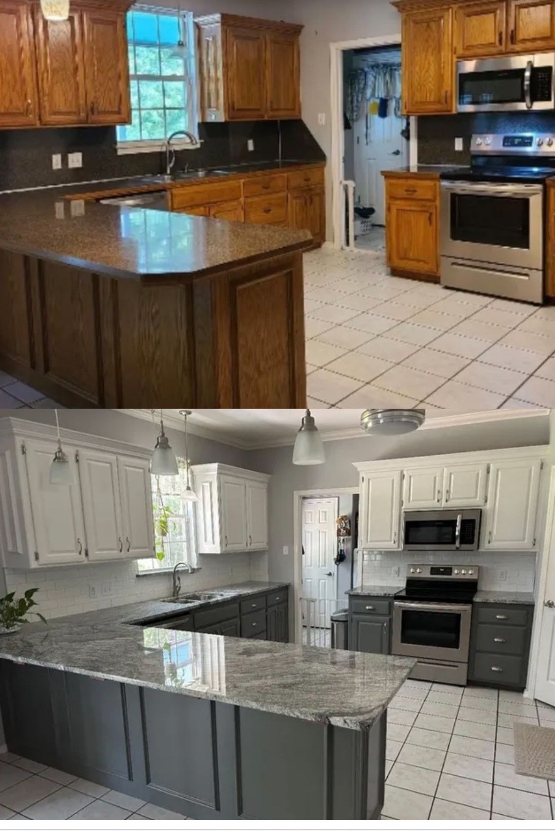 A Before and After Photo of A Kitchen with Wooden Cabinets and Granite Counter Tops.