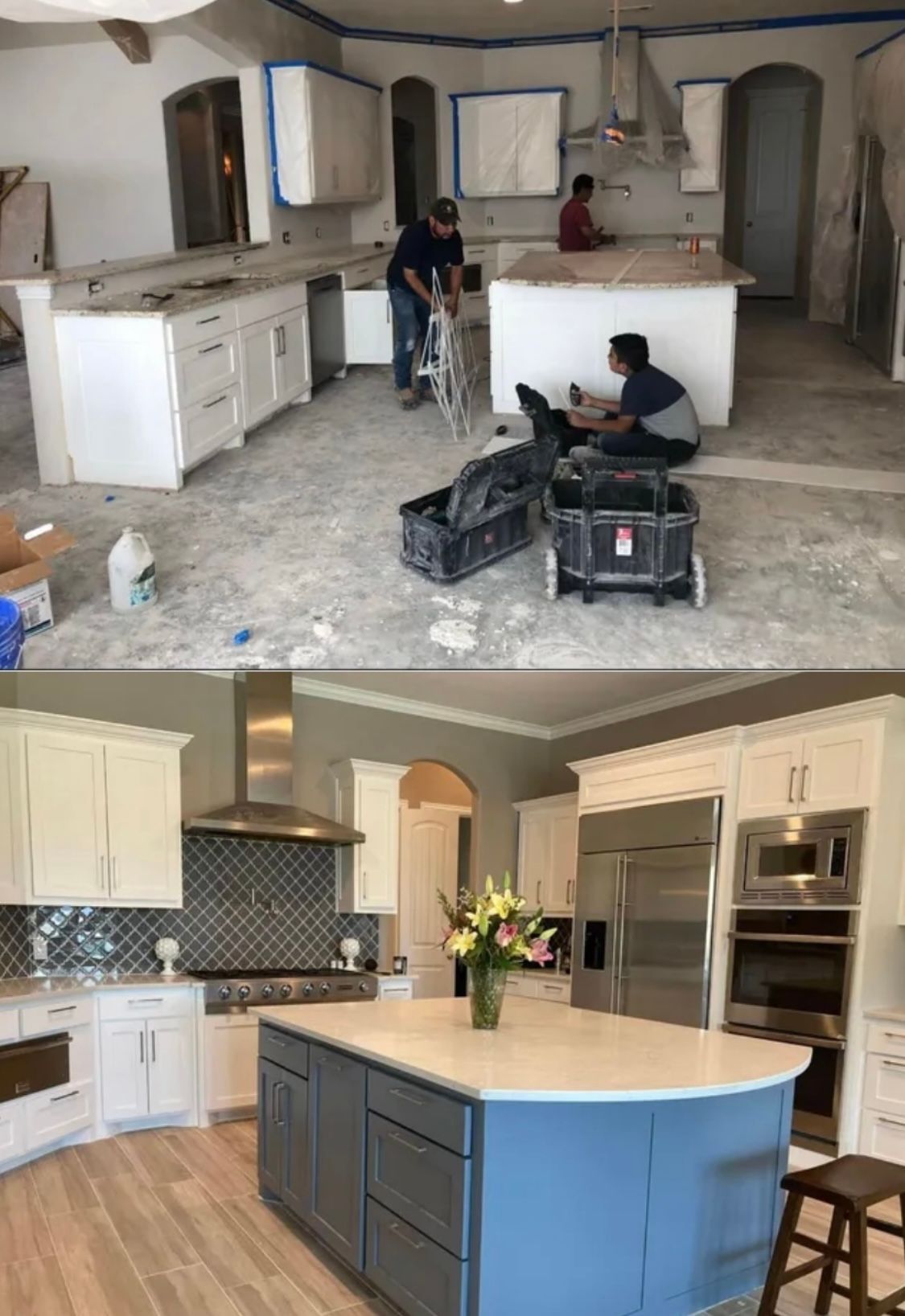 A Before and After Photo of A Kitchen Being Remodeled.