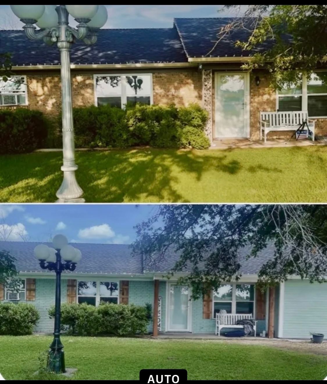 A before and after photo of a brick house