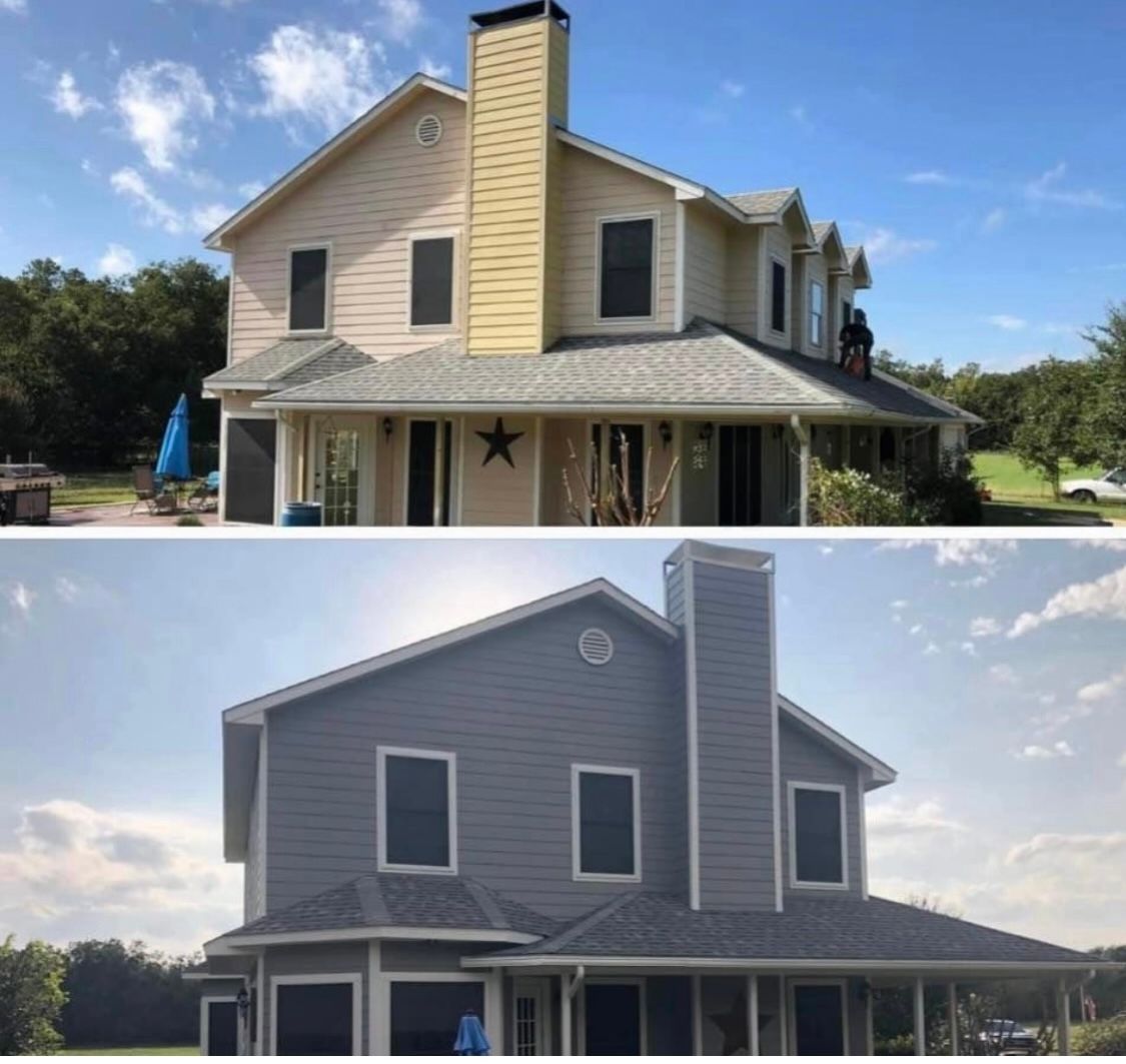Two pictures of a house before and after being painted