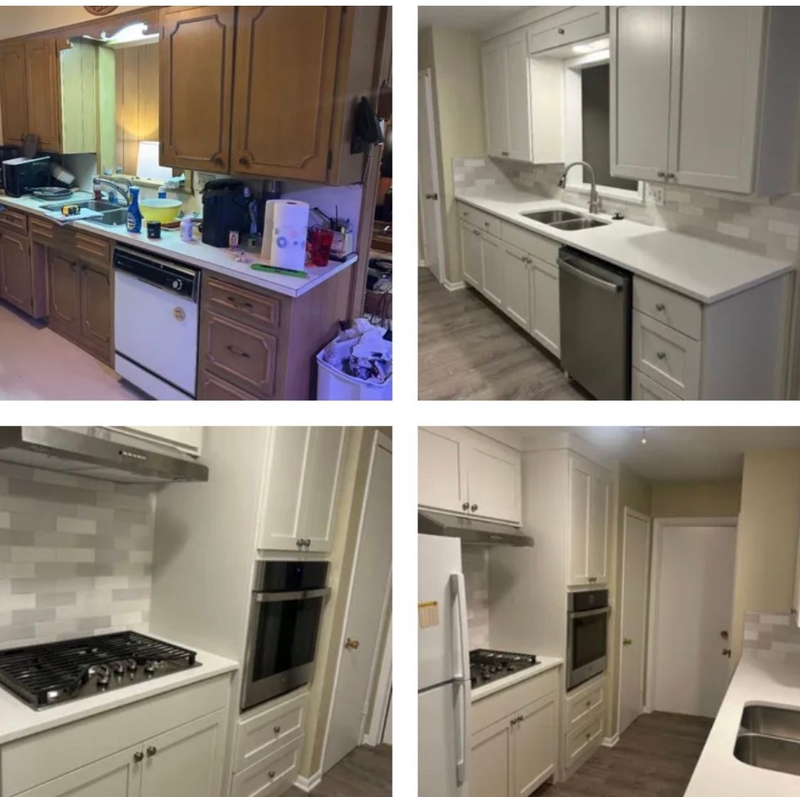 Before-and-after kitchen renovation: Old brown cabinets replaced with white, new countertops, stainless steel appliances.
