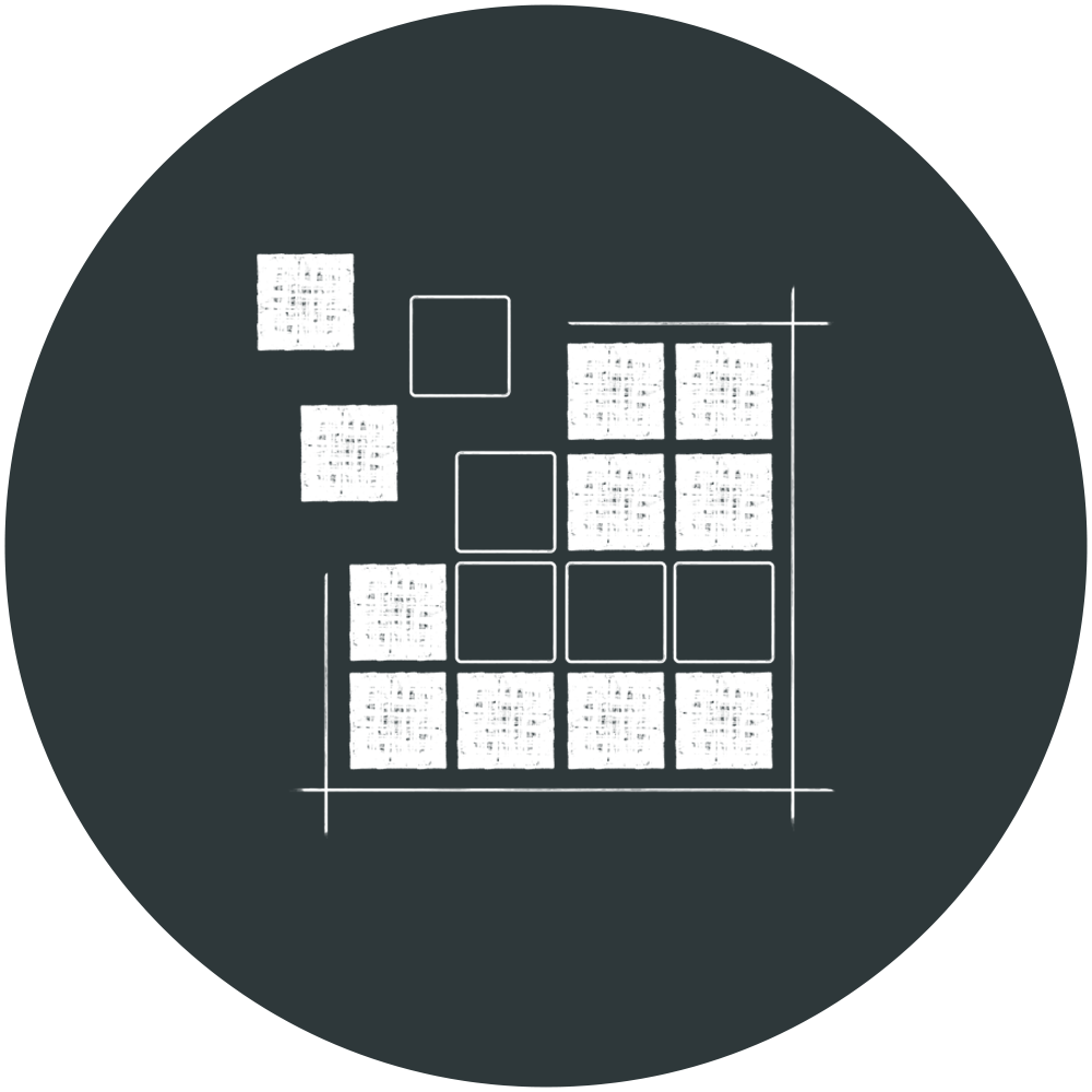 A black and white icon of squares in a circle