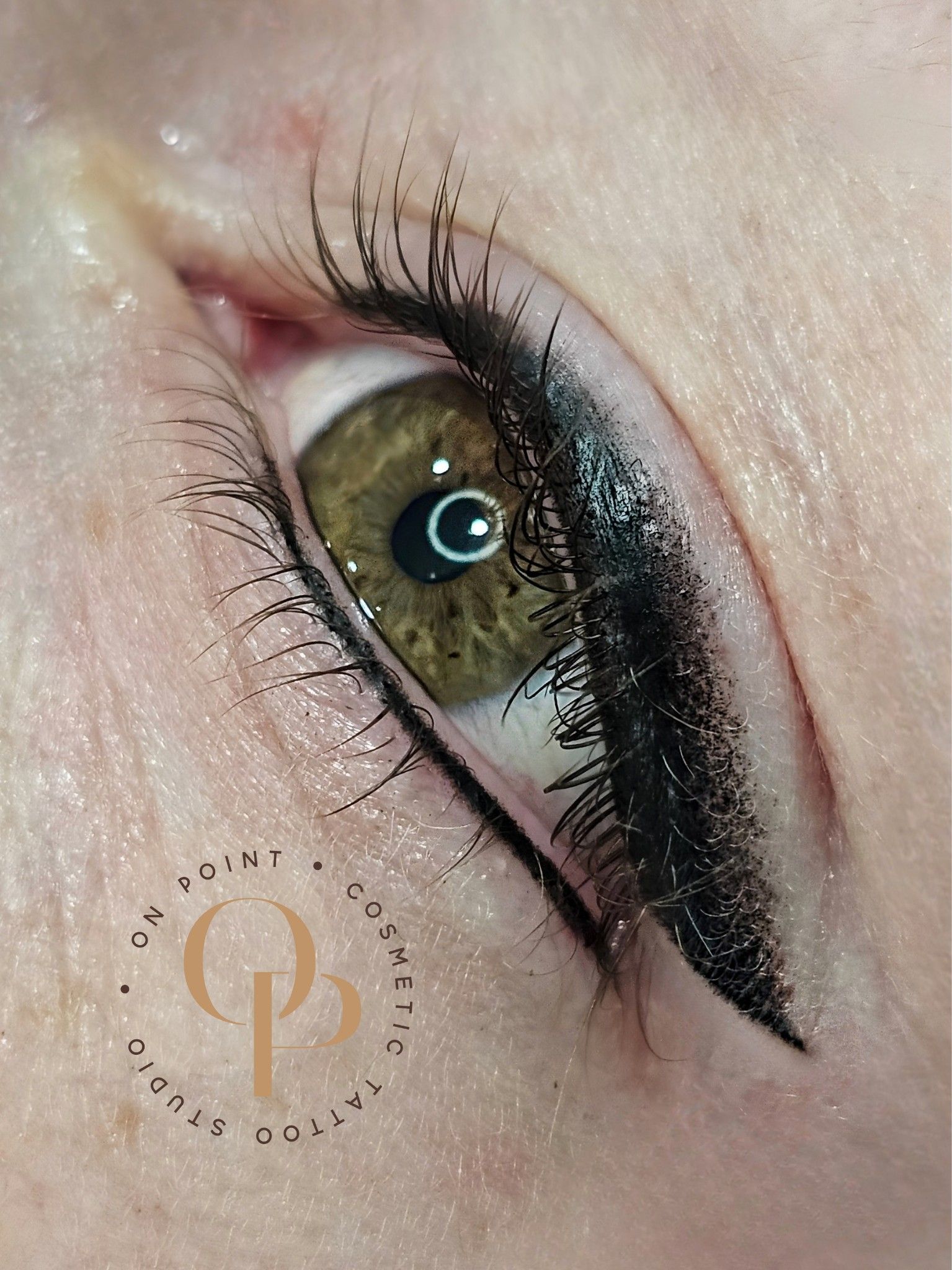 Close-up of an eye with permanent eyeliner. The eye is olive green. Black eyeliner applied to upper and lower lids.