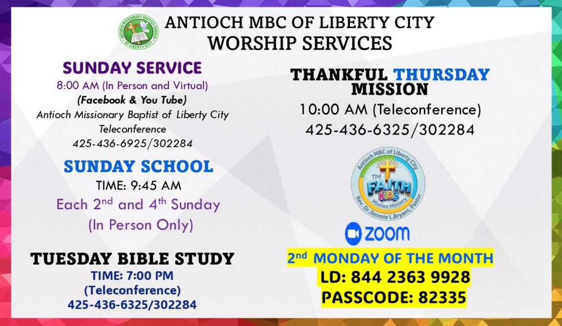 A flyer for worship services including sunday school and thankful thursday mission