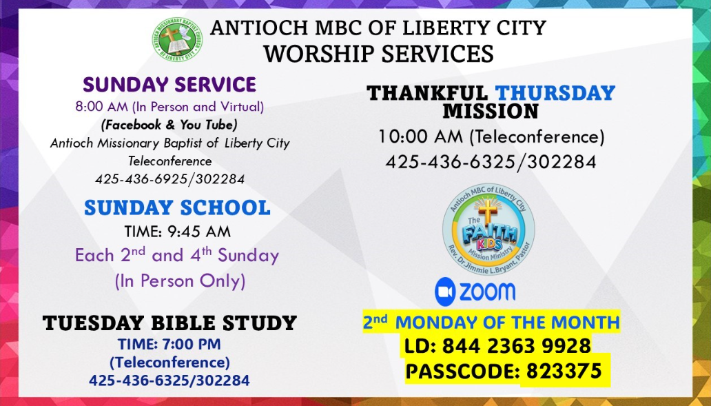 A flyer for worship services including sunday school and thankful thursday mission