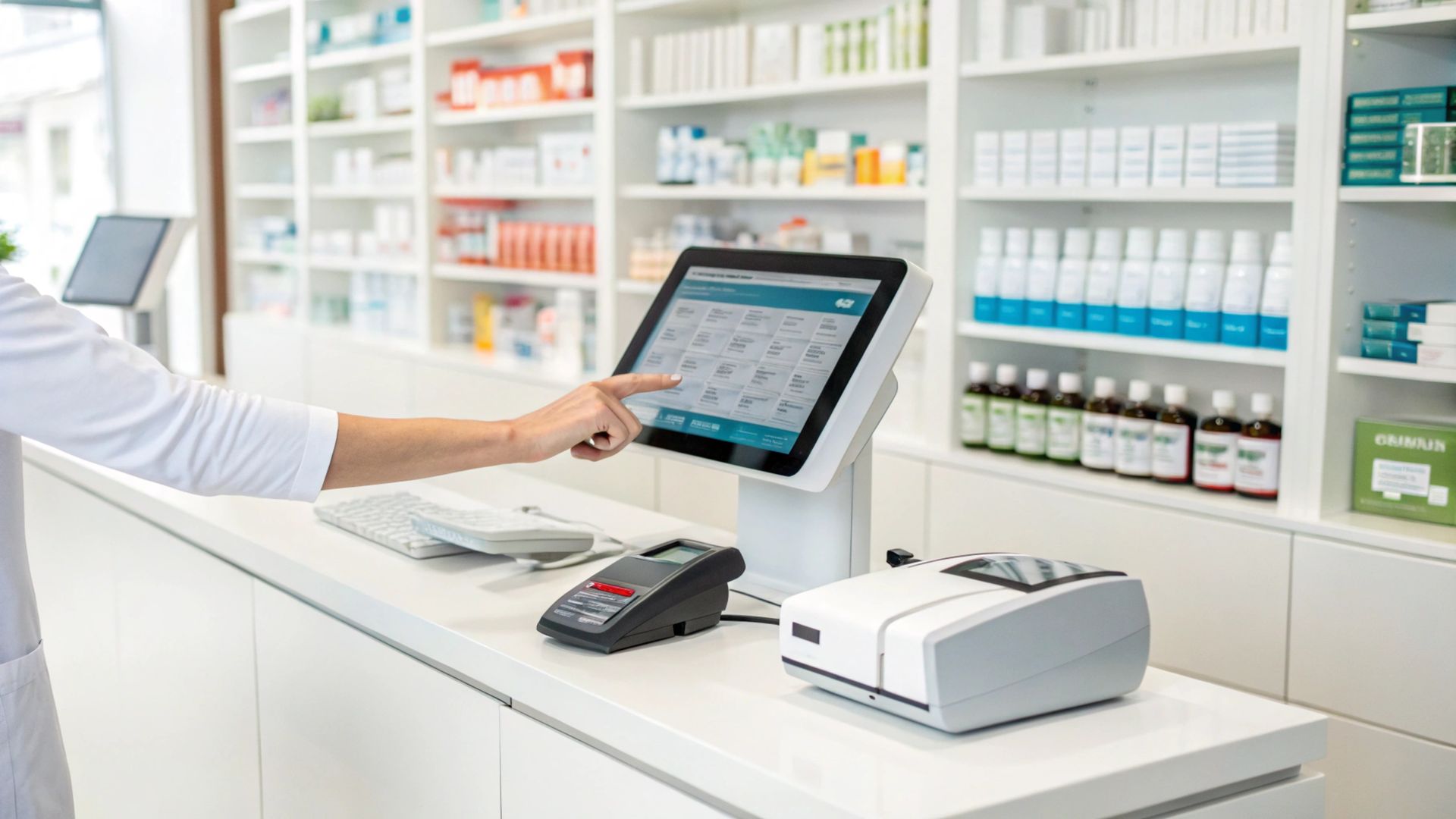 Pharmacy counter with a person using a tablet POS system and display shelves of medicine behind it