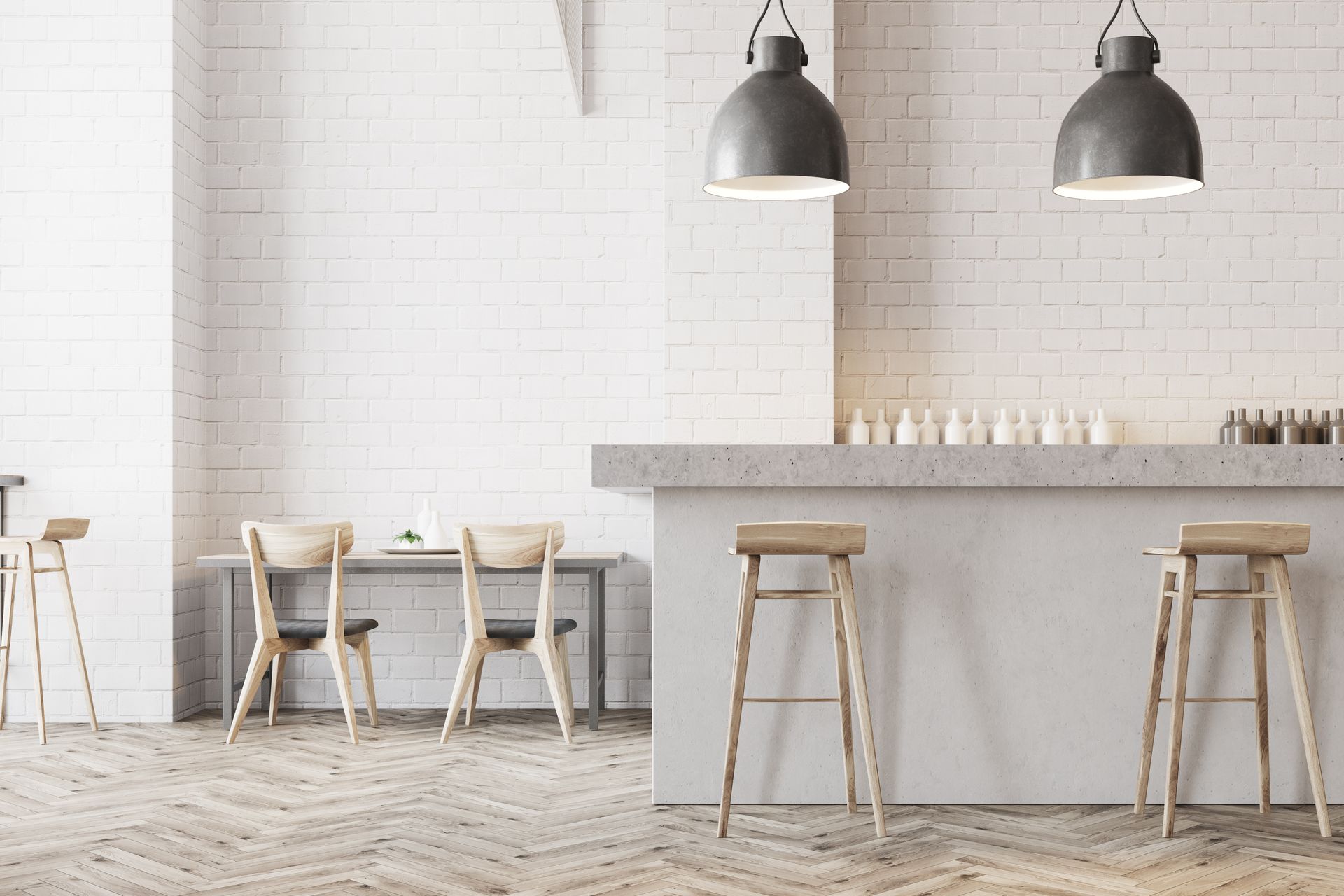 Minimal white cafe interior with wooden tables, stools, and hanging pendant lights