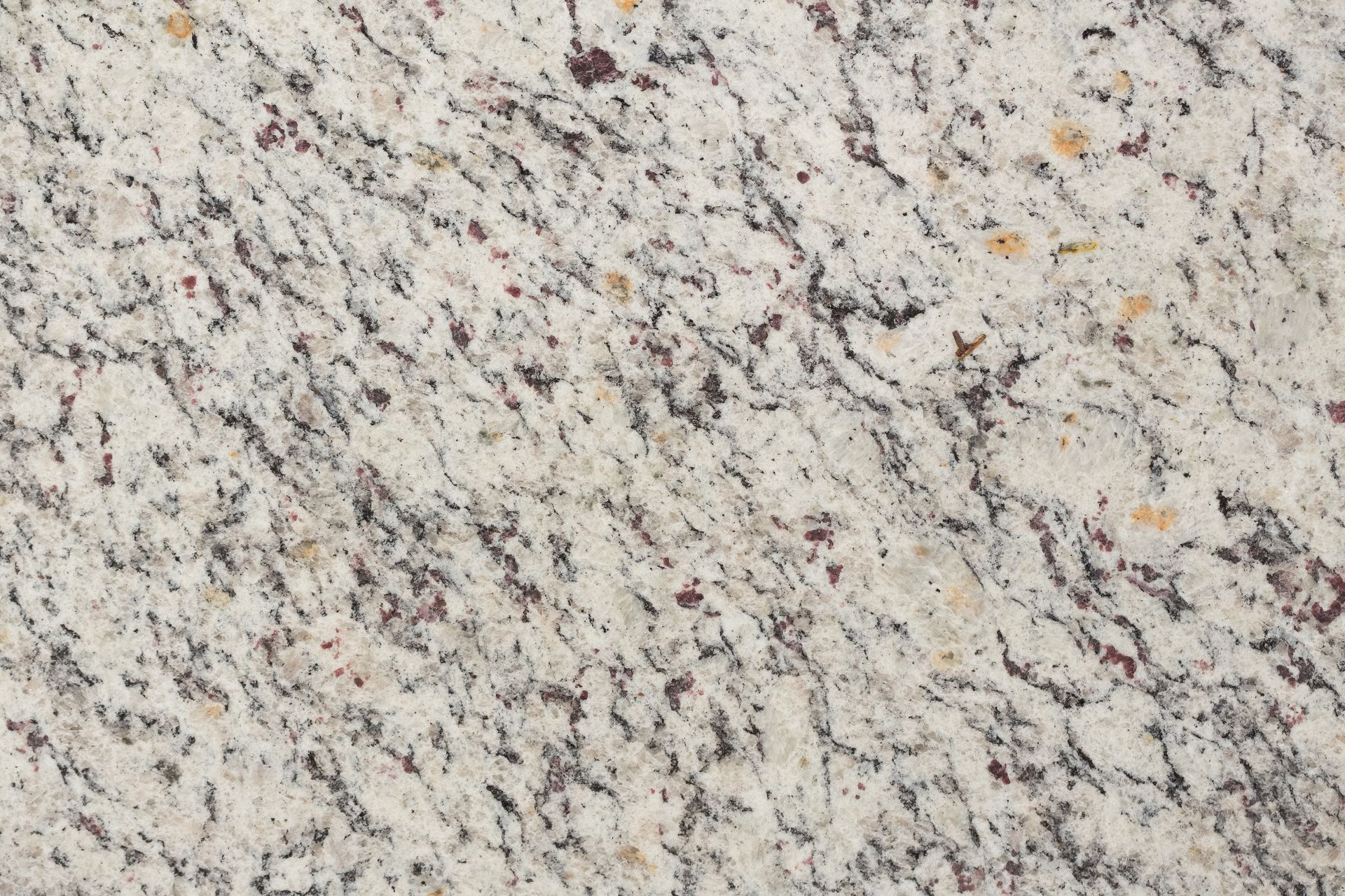 Close-up of speckled light gray granite with black, white, and tan flecks