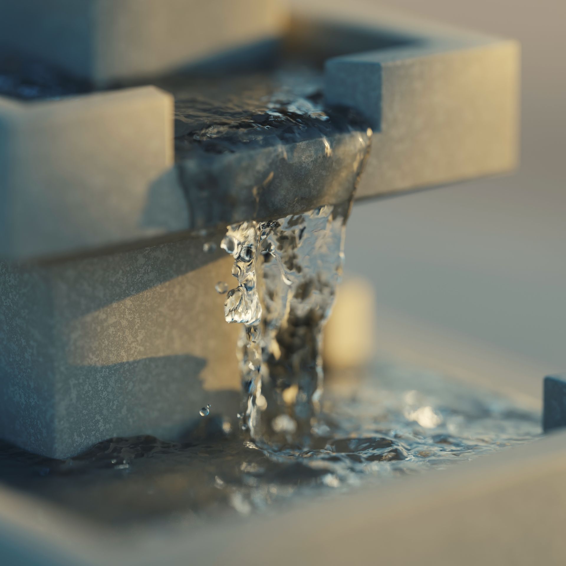 Water cascading between two gray metal blocks onto a reflective surface.