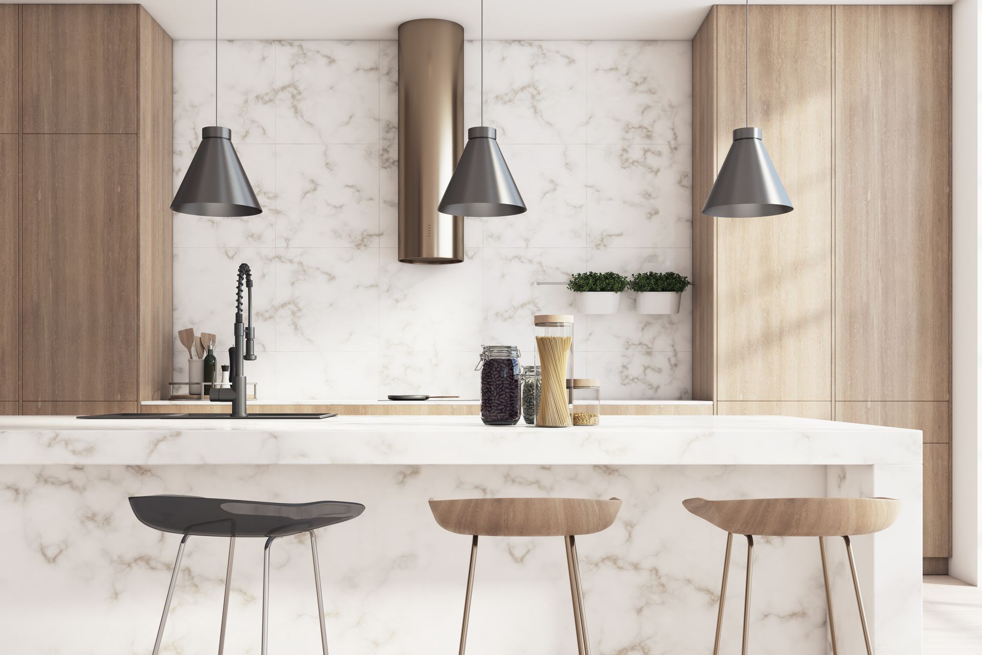 Modern kitchen with marble island, three pendant lights, and wooden stools in a bright minimalist interior