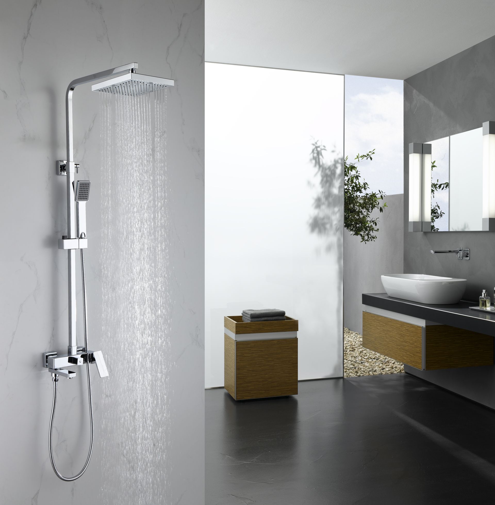 Modern bathroom with open shower, gray walls, black floor, and vanity sink by a window.