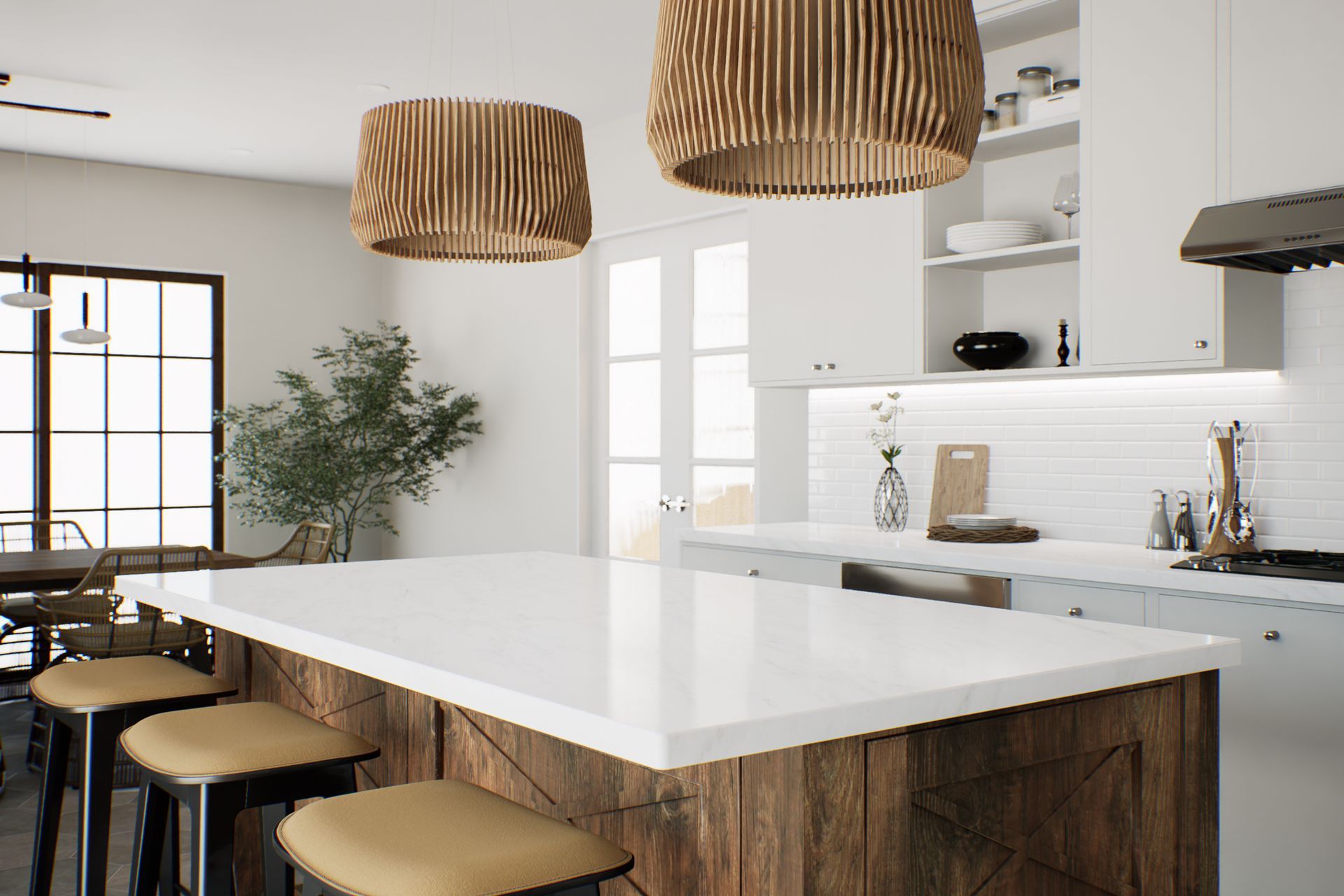 Bright modern kitchen with white island, wood base, wicker pendant lights, and bar stools