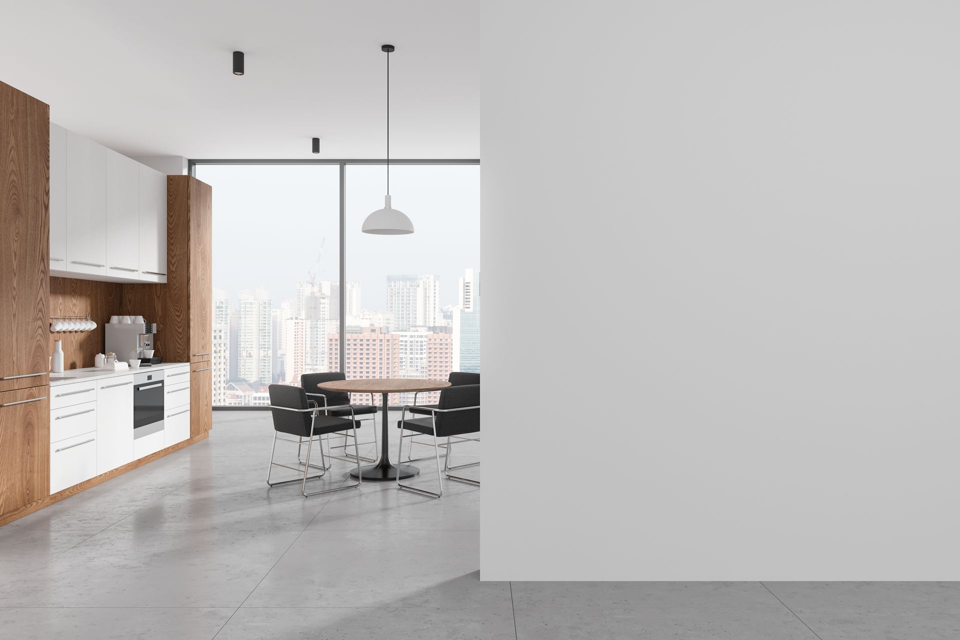 Modern open kitchen and dining area with wood cabinets, black chairs, and large windows overlooking a cityscape