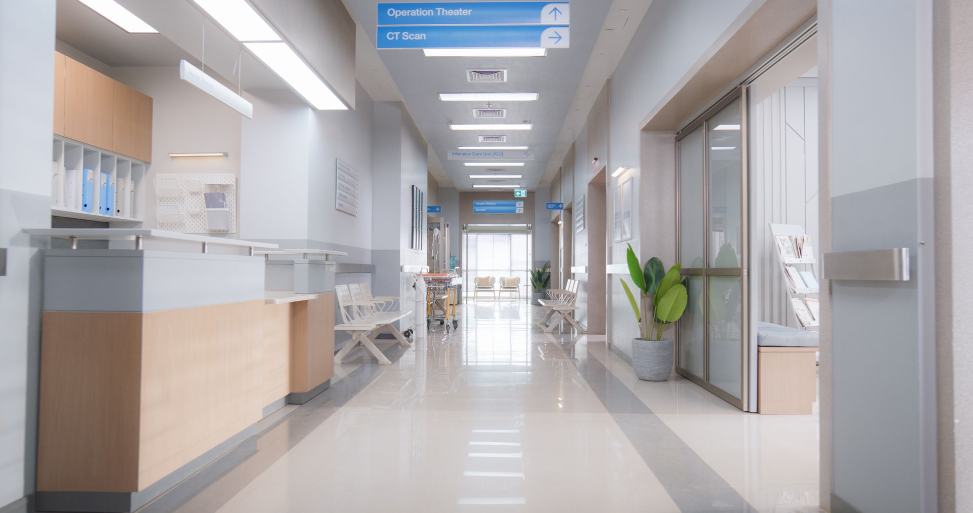 Bright, empty hospital corridor with glossy floors, white walls, and blue directional signs overhead