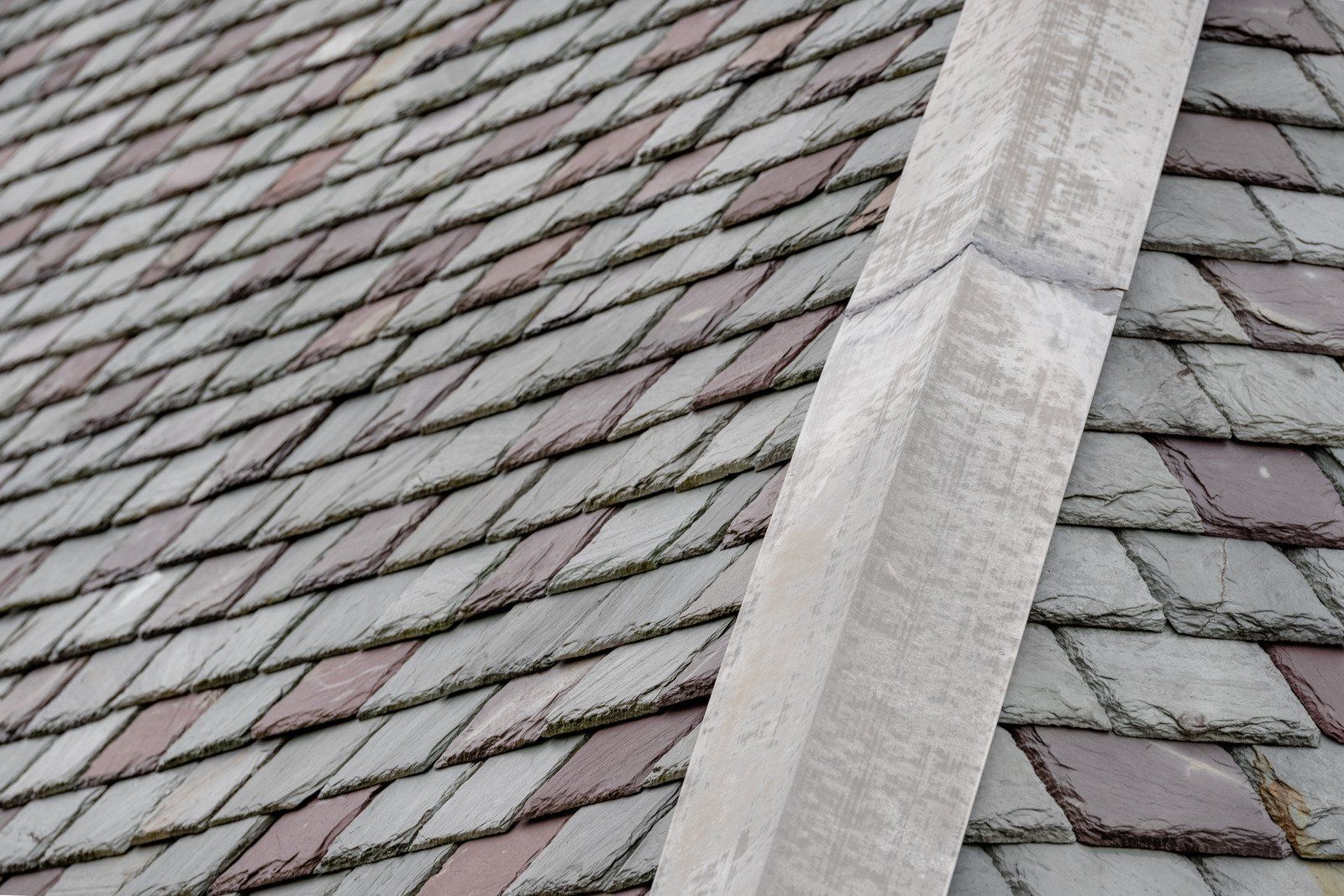 Slate roof tiles in gray and maroon colors, next to a concrete ridge.