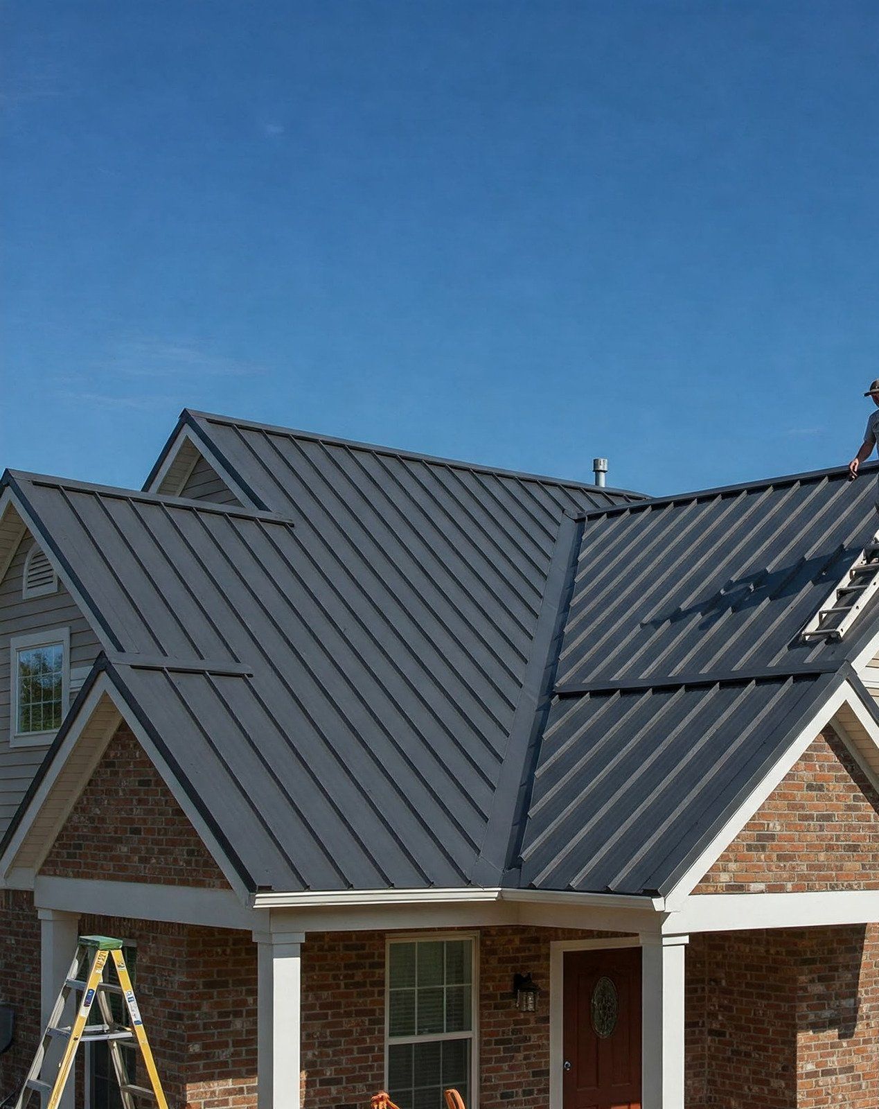 A home with a dark gray metal roof under a bright blue sky. Brick and white trim visible.