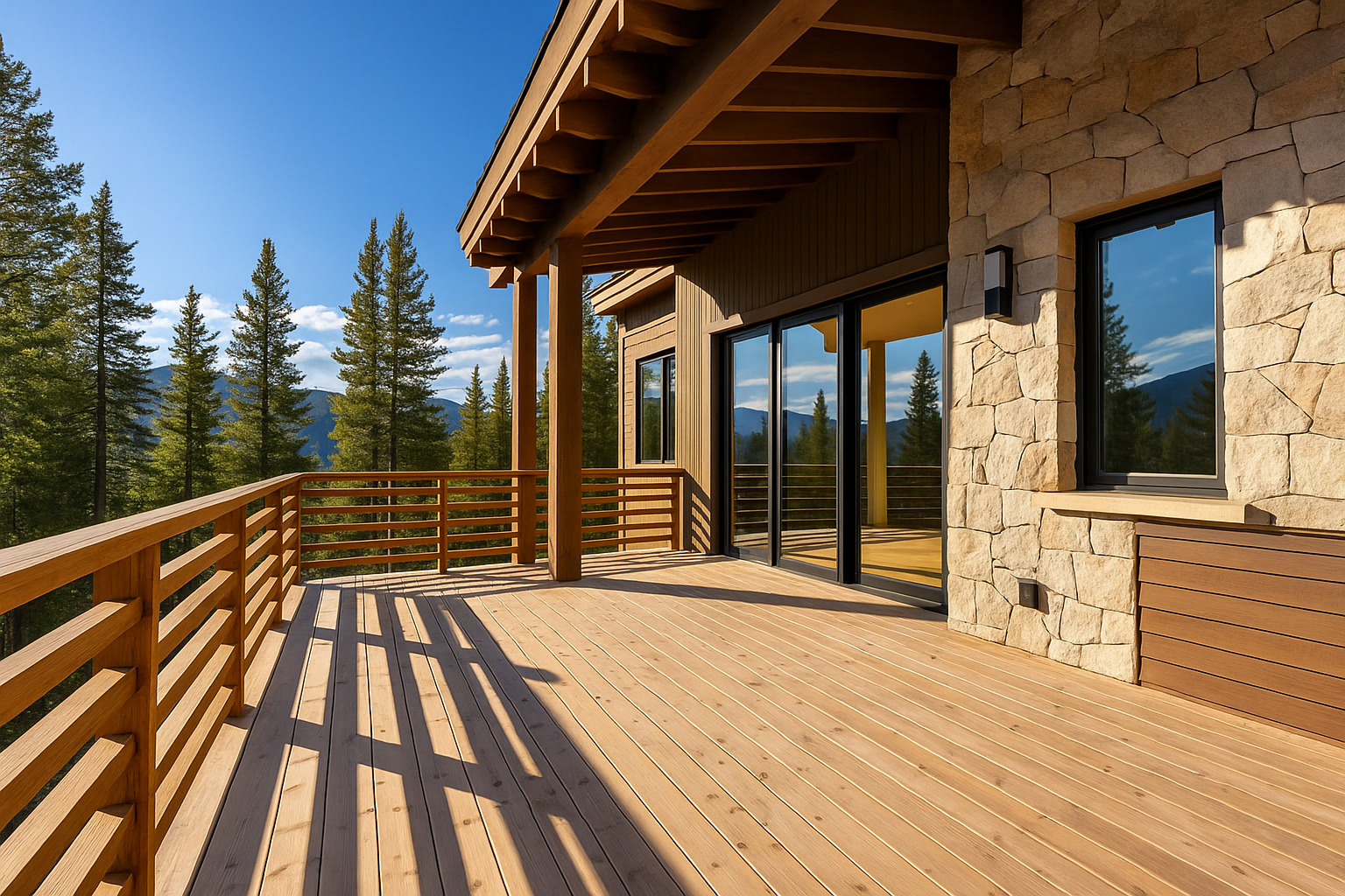 Wooden deck with railing on a house, overlooking a forest and mountain range.