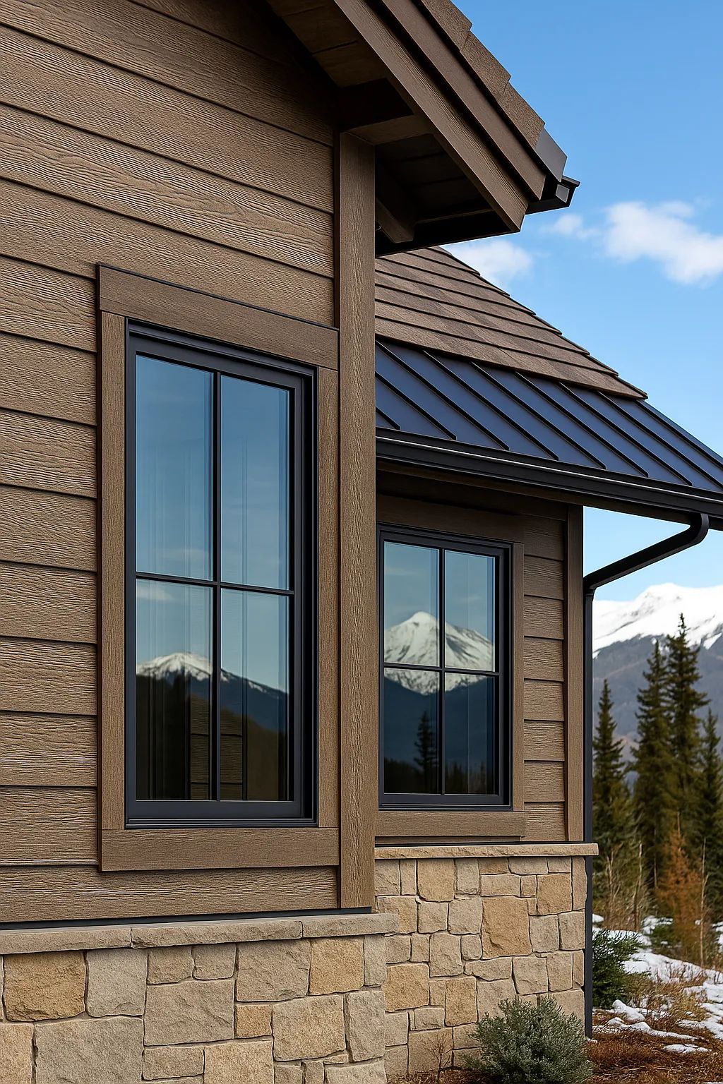 Brown-sided house with black-framed windows; snow-capped mountain reflected in the glass.