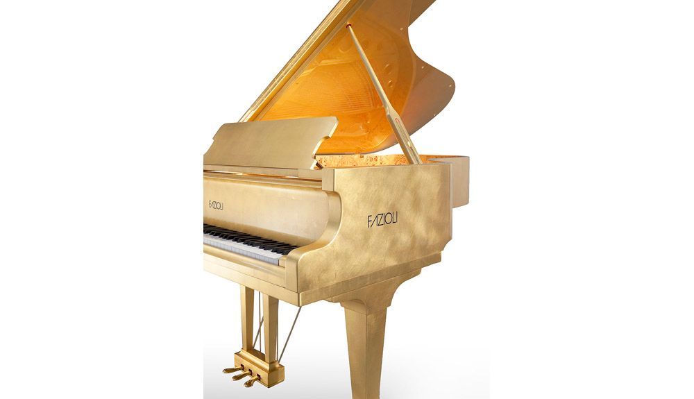 FAZIOLI Gold Leaf Piano front, VIP Pianos angle