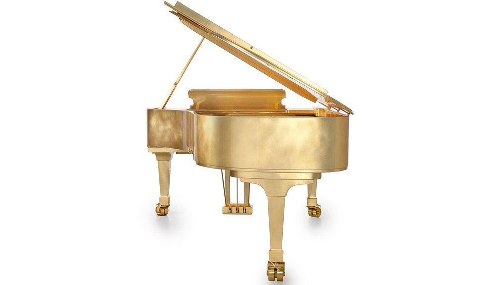 FAZIOLI Gold Leaf Piano front, VIP Pianos rear