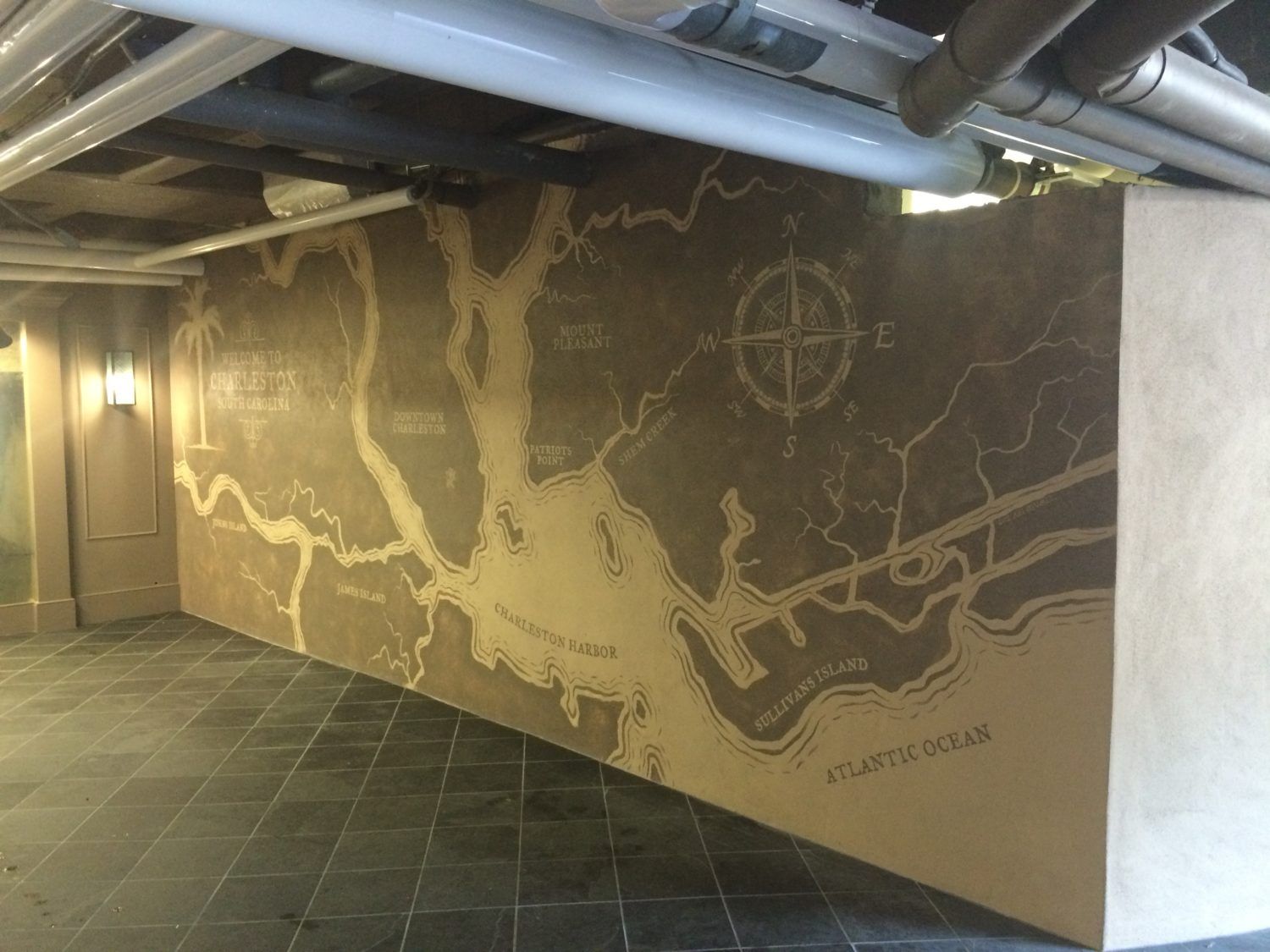 A large map on a wall in a building
