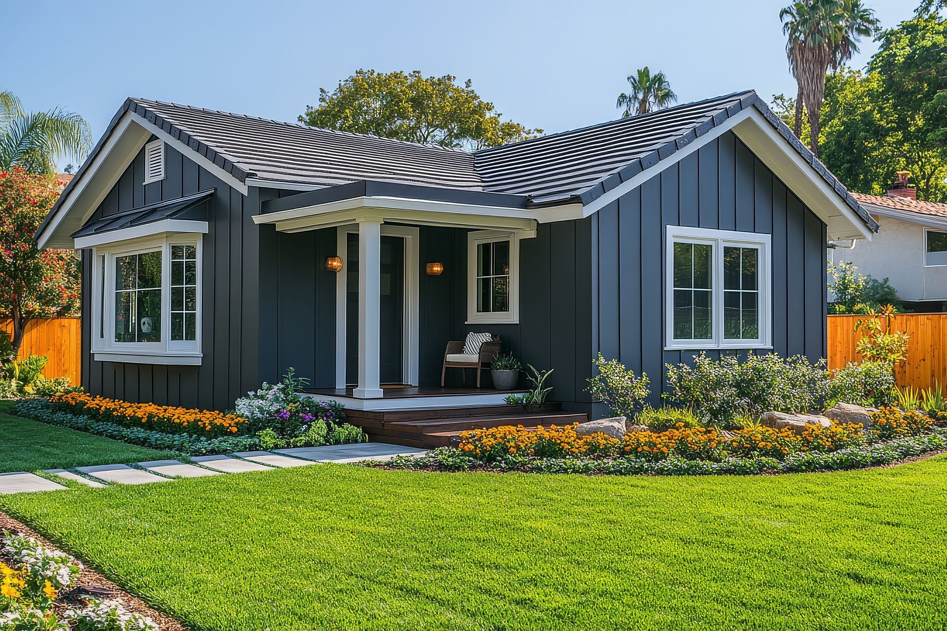 Blue two-story house with white stairs and a small front yard, clear blue sky overhead.