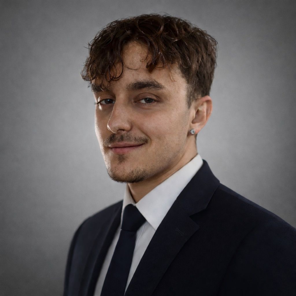 Man in navy suit, white shirt, and dark tie, smiling with curly brown hair against gray background.