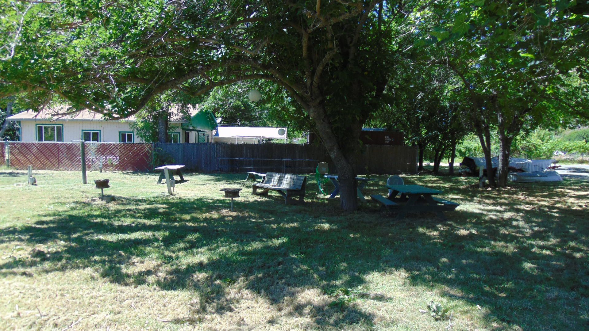 Shady park with picnic tables under large trees, a house in the background.
