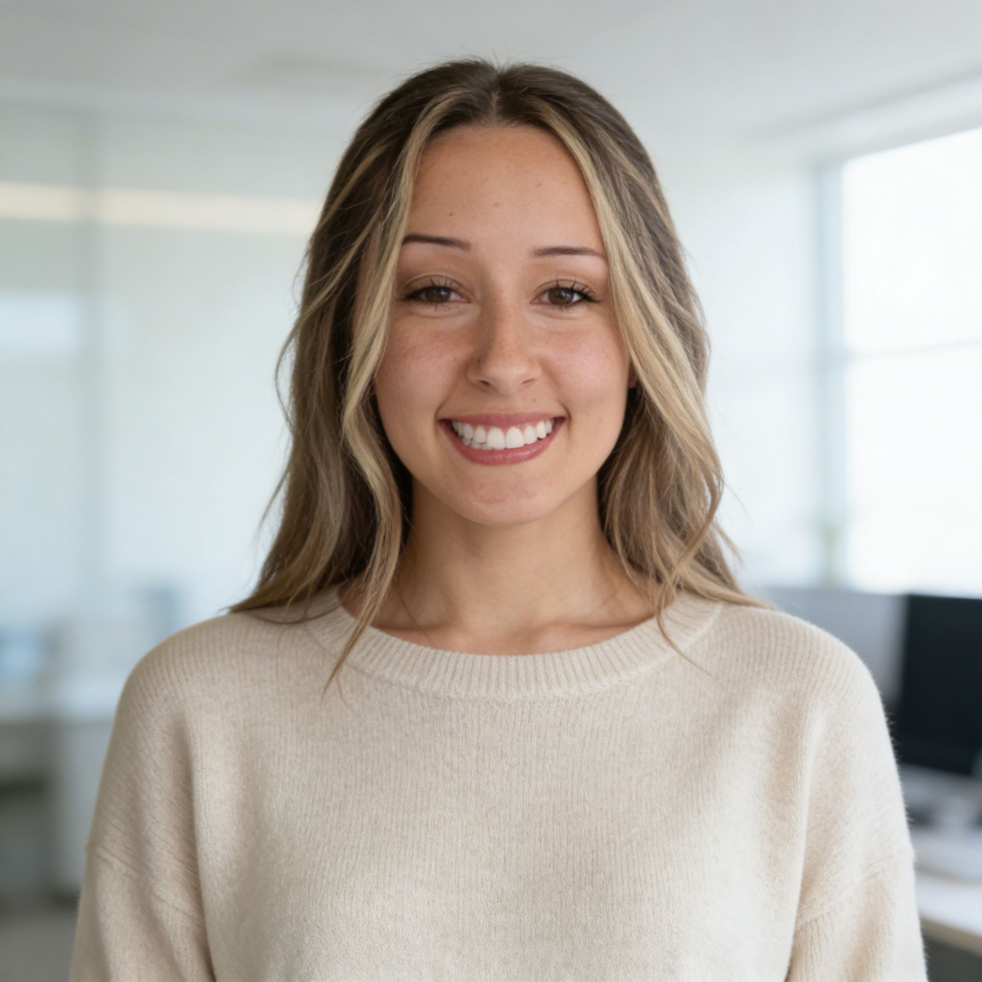 Woman smiling, wearing a cream sweater. Blonde highlights in her hair. Blurred office background.