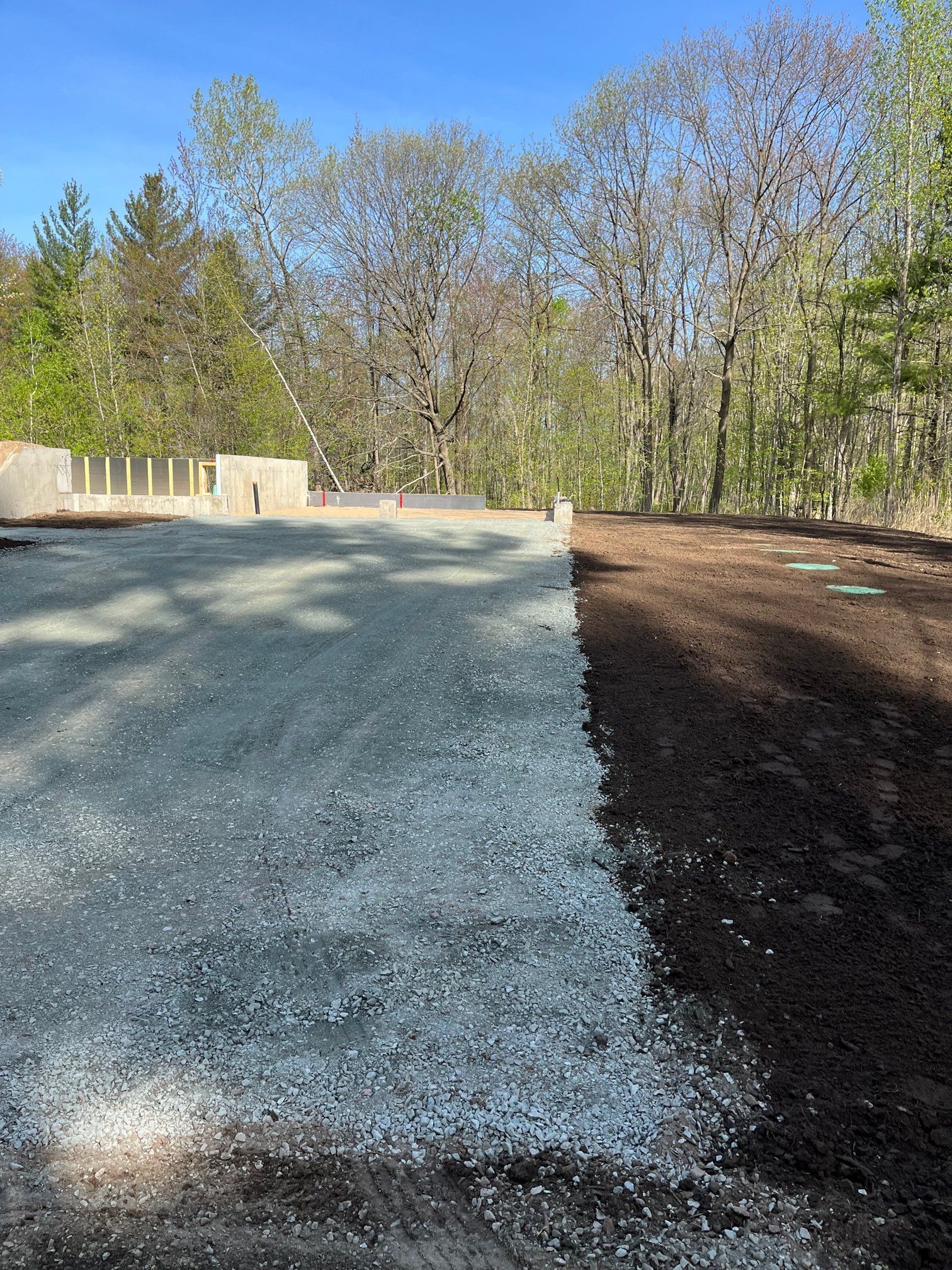 Une route de gravier traversant une forêt avec des arbres en arrière-plan.